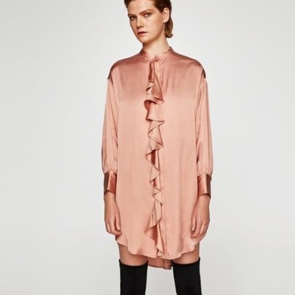 NWT Zara Satin Effect Blush Ruffle Shirt Dress